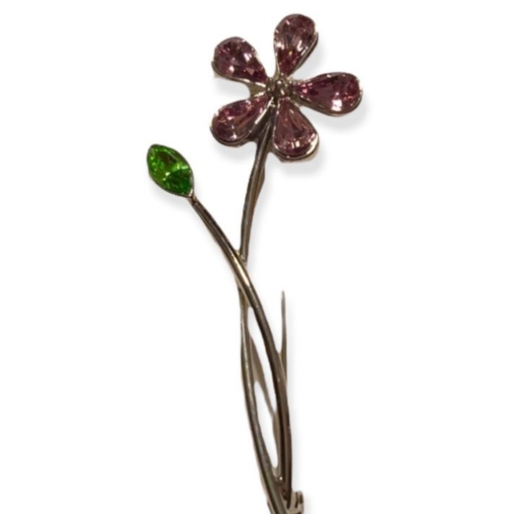 Avon Vintage Silver Metal Purple Crystal Flower Brooch